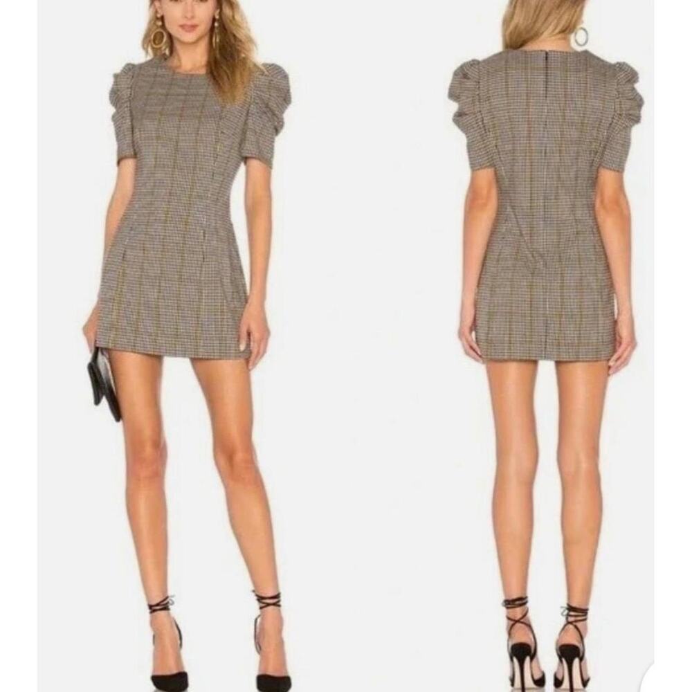 Amanda Uprichard Gray Plaid Puff Sleeve Mini Dress Size Petite P Glen Plaid